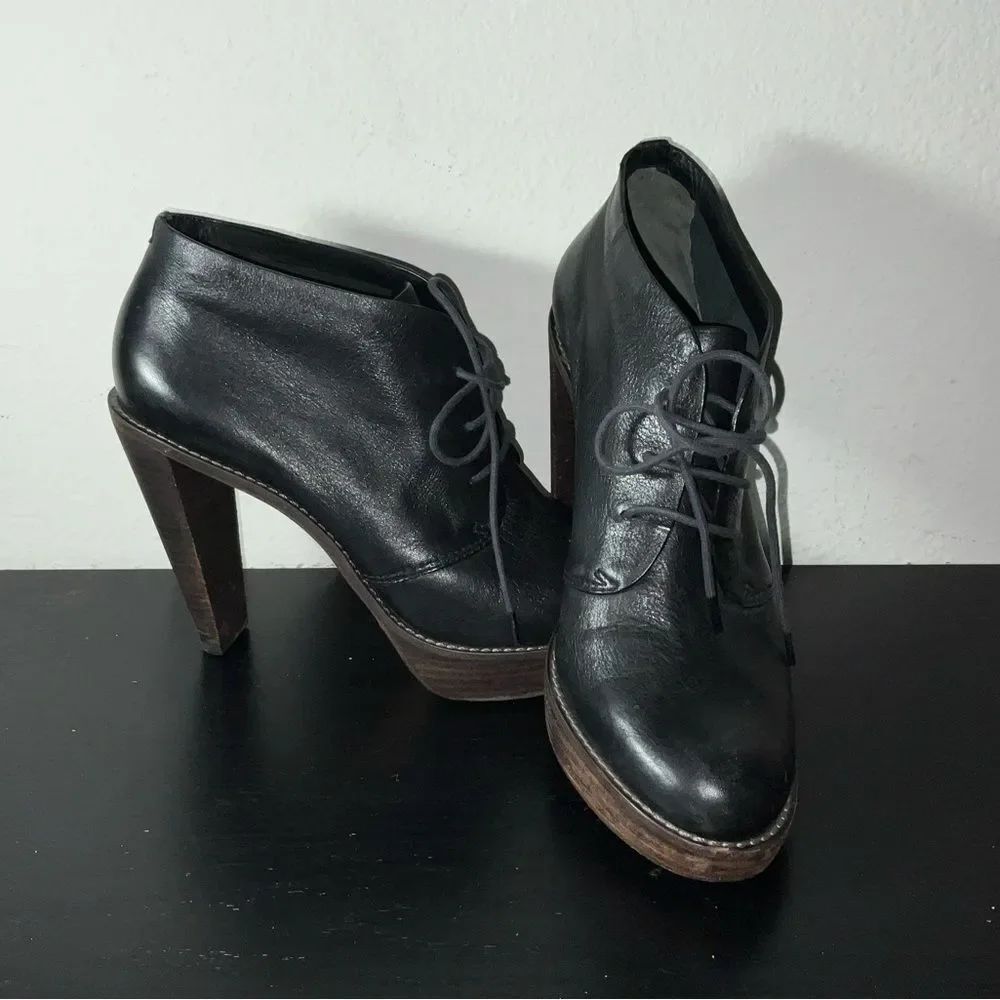 Cole Haan Black Leather Lace-Up Platform Booties with Wood-Look Heel